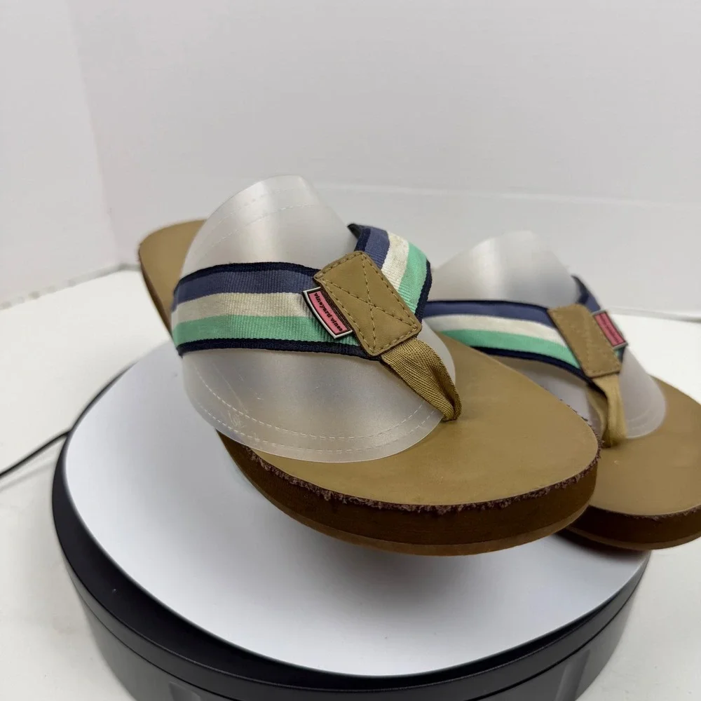 Vineyard Vines Mens Flip Flop Sandals Striped Webbing Tan Navy Green Size 11